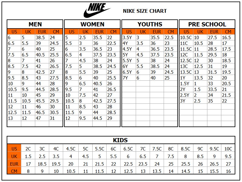 size chart nike air jordan